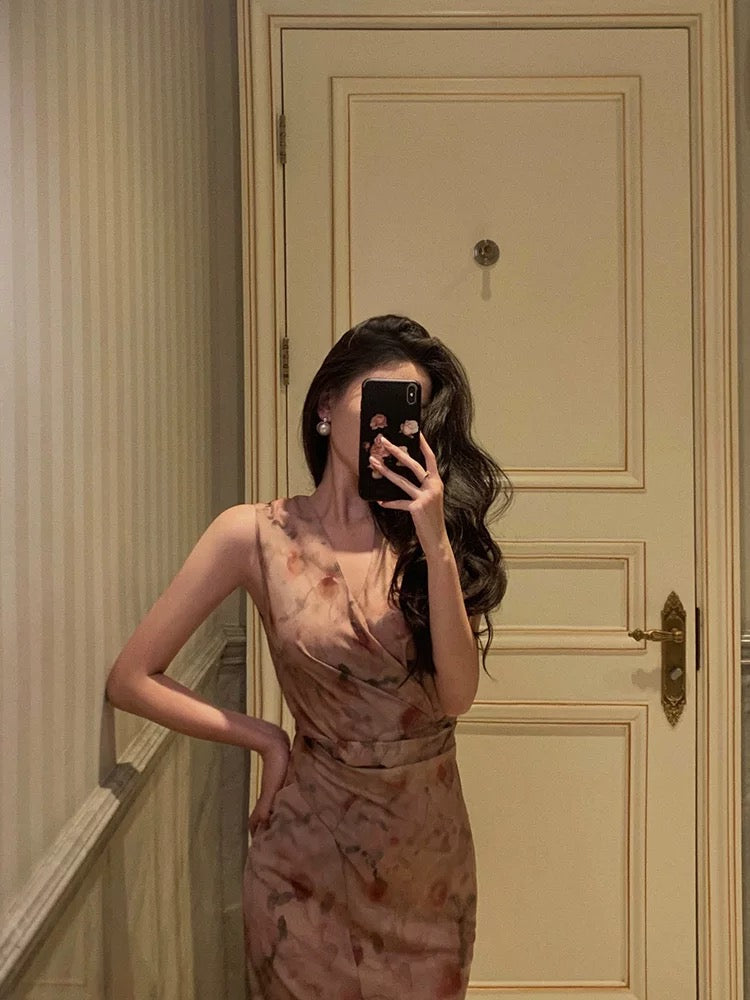 Sexy Sheath V Neckline Long Pink Floral Prom Dresses Birthday Outfits Evening Gown