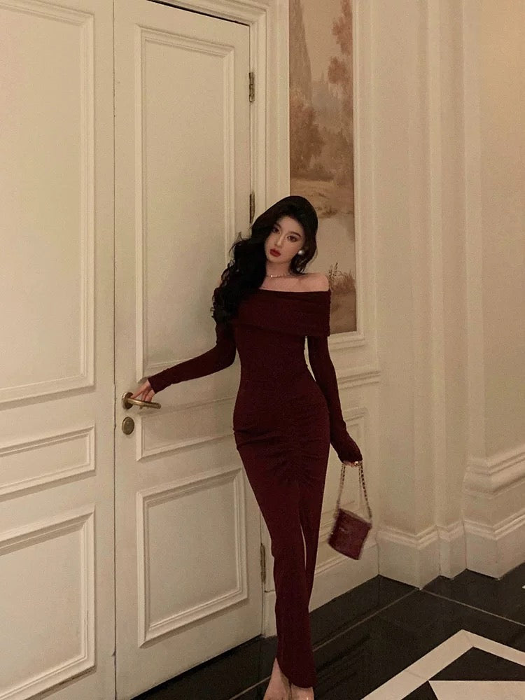 Sexy French Sheath Off The Shoulder Burgundy Split Prom Dresses Birthday Outfits Evening Gown