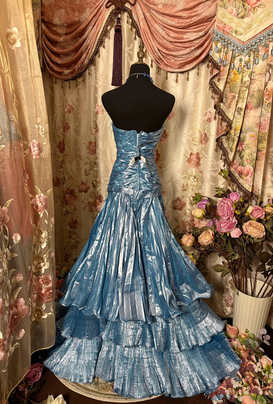 Vintage Mermaid Strapless Blue Satin Prom Dresses Long Evening Gown Formal Party Dress