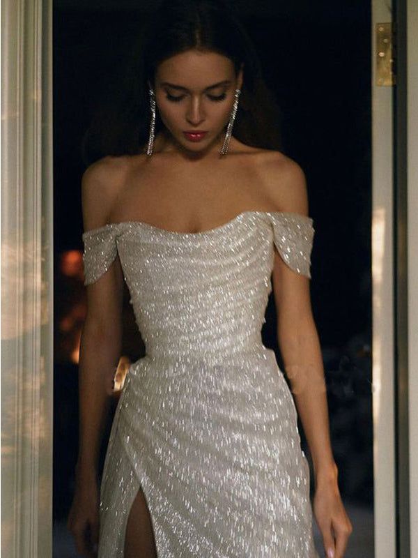 Vintage Sheath Off The Shoulder Sequin Slit Long Prom Dresses Evening Gown Formal Party Dress With Ruffles