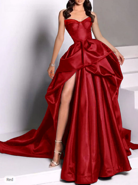 Sexy Ball Gown Strapless Burgundy Long Slit Party Dress Prom Dresses