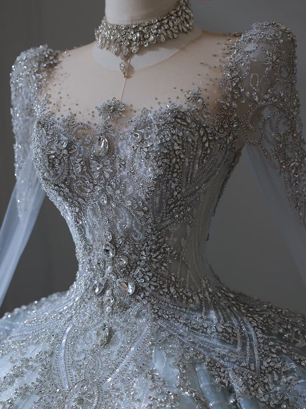 Princess Ball Gown Scoop Neckline Long Sleeves Sequin Light Sky Blue Long Wedding Dresses Brides Dress