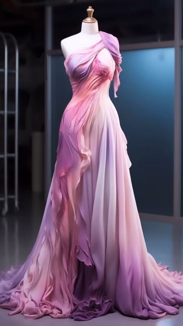 Retro Ball Gown One Shoulder Pink Ombre Pink Chiffon Long Evening Dress Prom Dresses