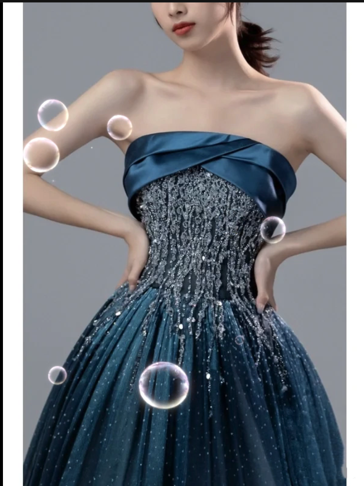 Retro Ball Gown Strapless Neckline Sequin Blue Party Dress Long Prom Dress Evening Dresses