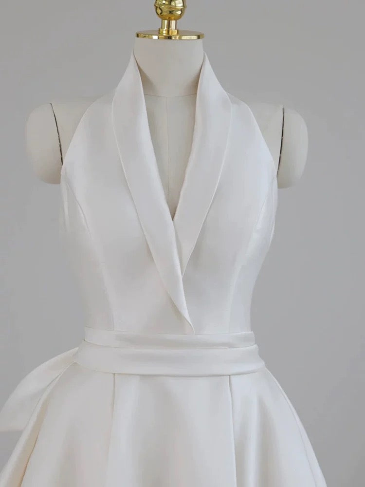 Unique Ball Gown Halter Neckline Satin Pleats White Wedding Dresses