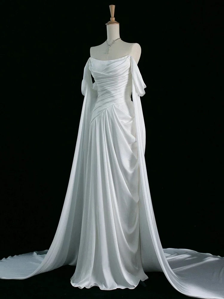 Vintage A Line Off The Shoulder Satin Prom Dresses Long Evening Gown Formal Party Dress