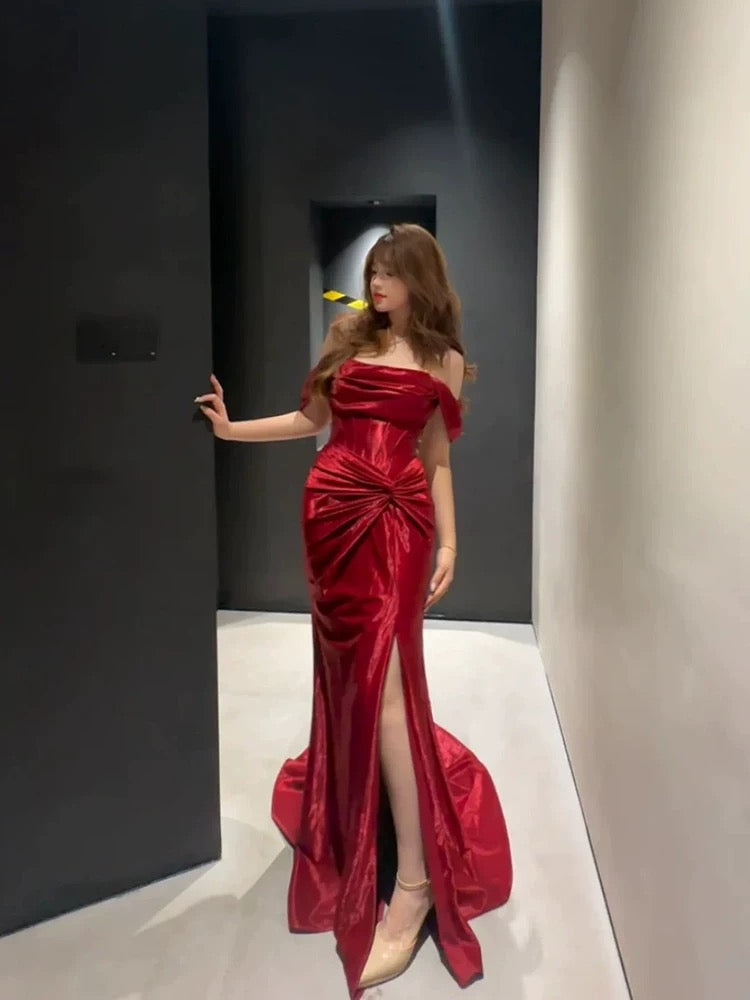 Classy Mermaid Off The Shoulder Red Satin Long Evening Gowns Split Prom Dress