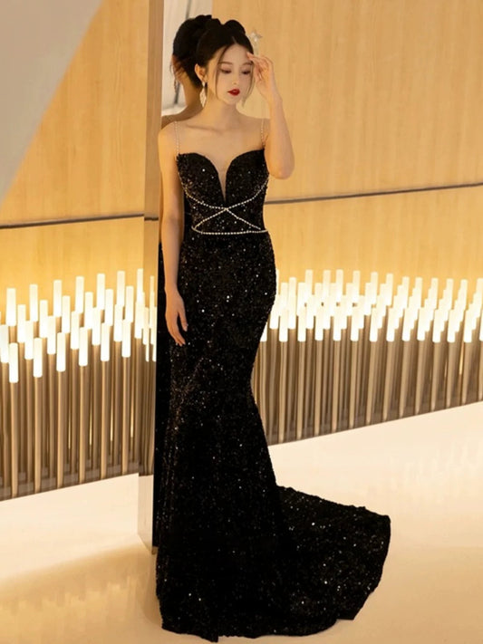 Classy Mermaid Spaghetti Straps Black Sequin Long Evening Gowns Prom Dress