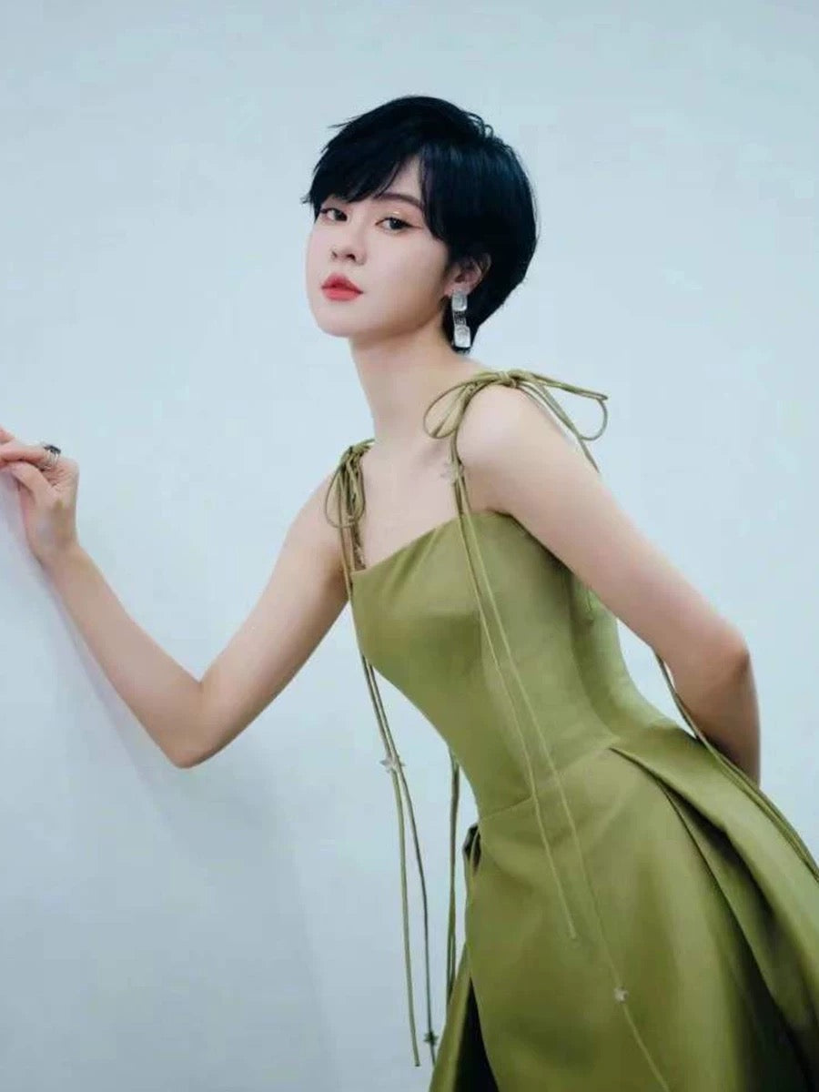 Pretty Ball Gown Straps Sage Green Satin Long Length Evening Dress Prom Dresses