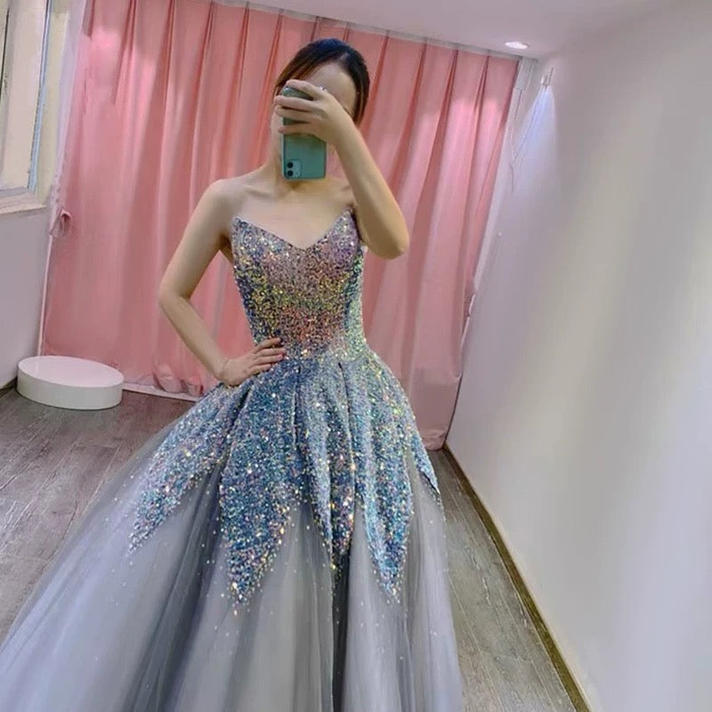Gorgeous Balll Gown Sweetheart Blue Sequin Tulle Long Evening Dress Prom Dresses