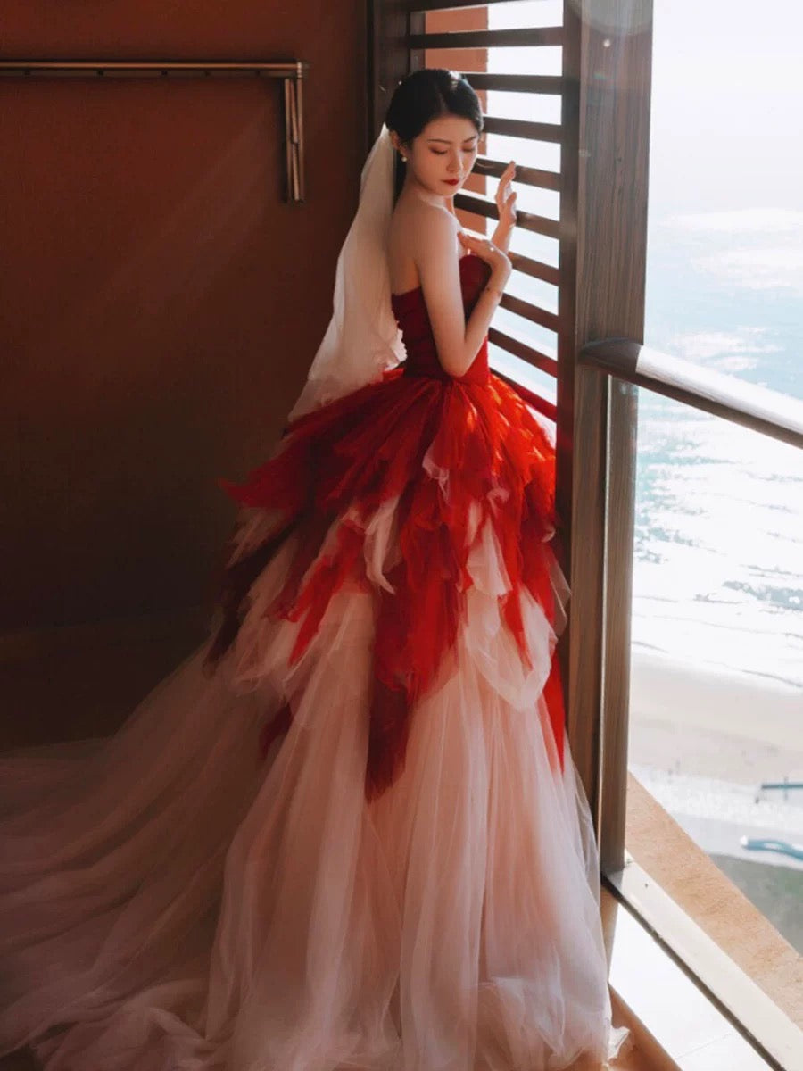 Gorgeous Balll Gown Sweetheart Red Tulle Ruffles Long Evening Dress Prom Dresses