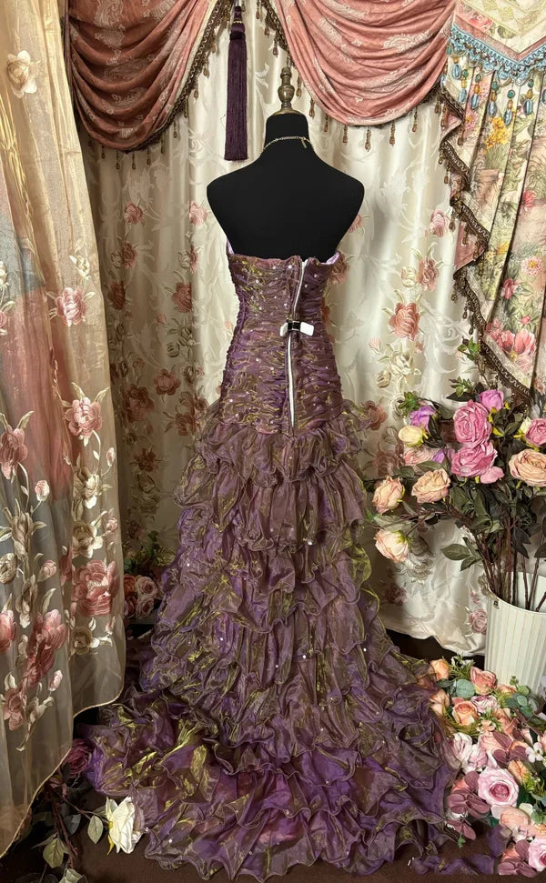 Purple & Brown Gradient Bandeau Layered Dress: Sequin Decoration, Waist-cinched Mermaid, Retro Banquet Heavy-duty Maxi Dress gh6589