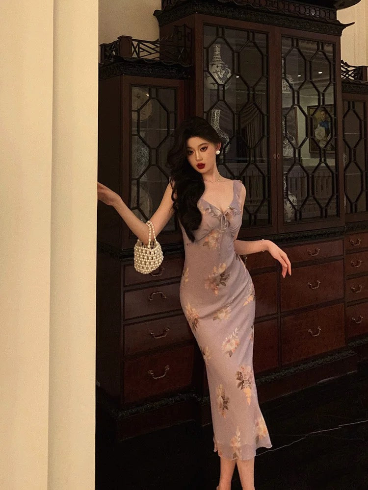 Sexy Sheath V neckline Lilac Floral Satin Prom Dresses Birthday Outfits Evening Gown