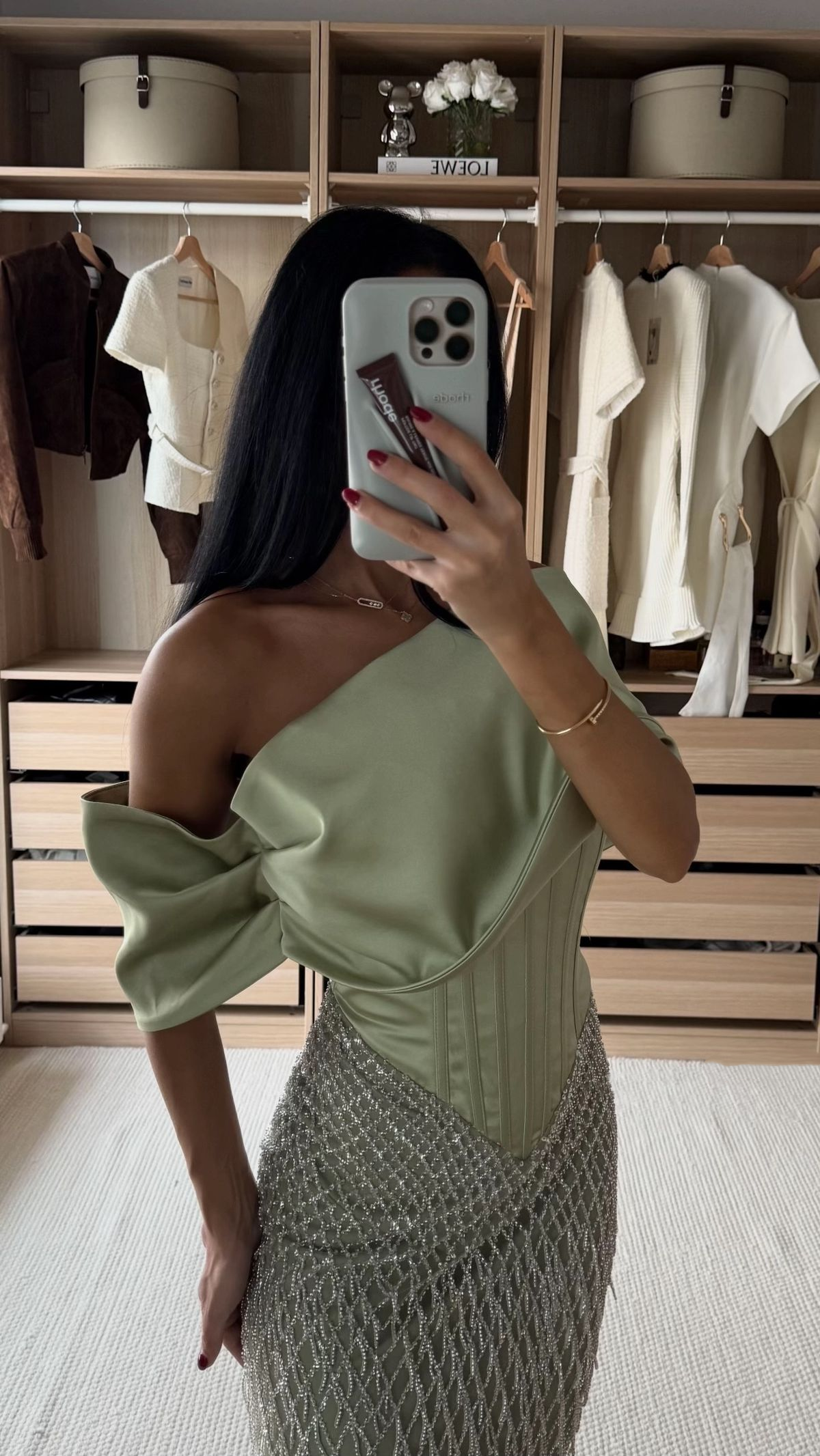 Unique Sage Green Off The Shoulder Satin Sequin Mermaid Long Evening Dress Birthday Prom Gown SP1474