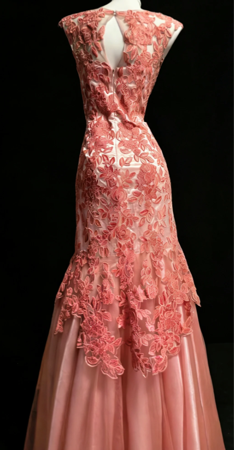 Pretty Rose Pink Sleeveless Tulle Rose Floral Lace Mermaid Long Party Dress Evening Gown SP1588