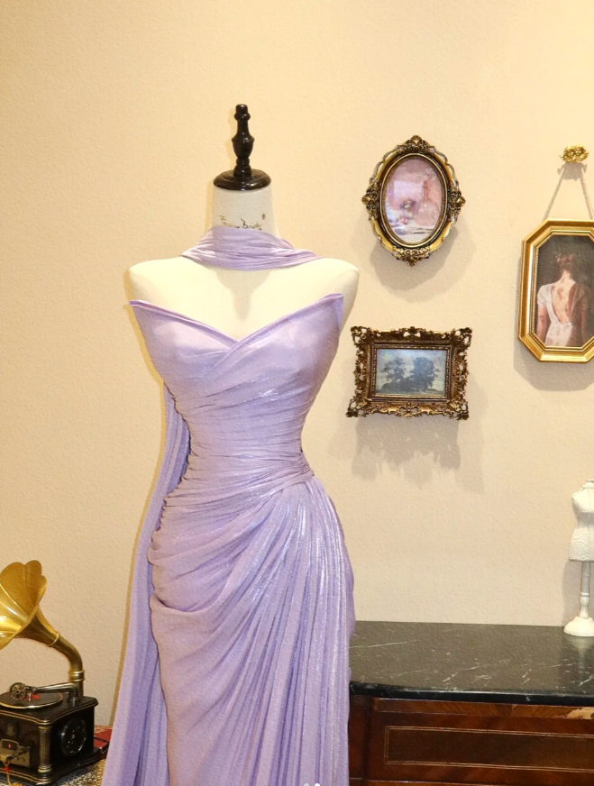 Classy Purple Strapless Satin Pleated Mermaid Long Party Dress Evening Gown With Scarf SP1881