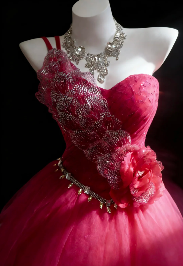 Charming One Shoulder Tulle Beaded Ball Gown Rose Red Long Evening Dress Birthday Dress With Flower SP1847