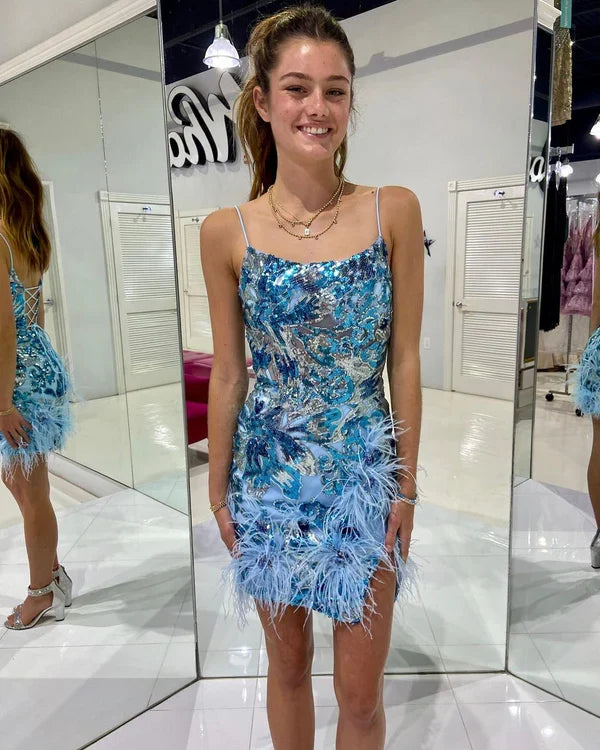 Fashion Blue Sequined Design Elegant Feather Bodycon Spaghetti Strap Homecoming Dress TP3554