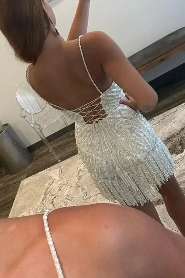 Vintage White Sequined V-Neck Tassel Design Elegant Spaghetti Strap Homecoming Dress TP3558