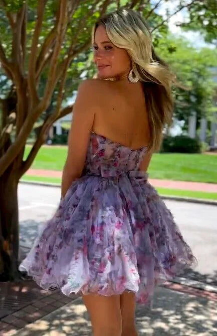 Chic Floral Ruffled Hem Design Tulle A-line Mini Strapless Homecoming Dress TP3608