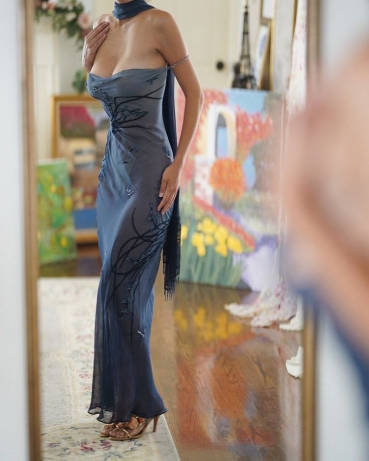 Classy Spaghetti Straps Blue Chiffon Beaded Mermaid Evening Dress Long Birthday Party Gown With Ribbon