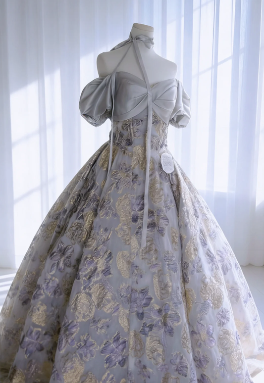 Charming Purple Satin Print Floral Ball Gown Off The Shoulder Formal Quinceanera Dress SP1634