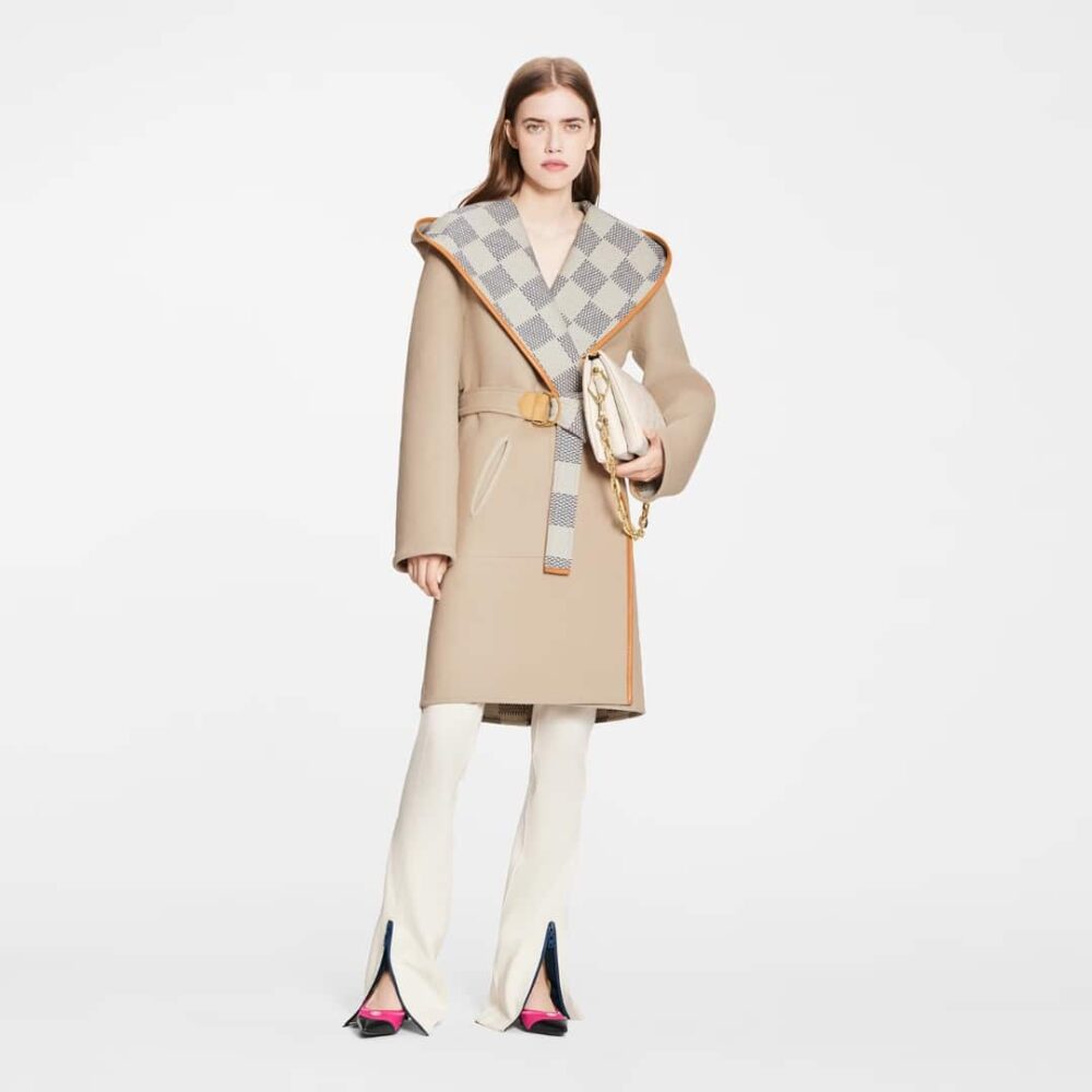 Louis Vuitton Reversible Damier Azur Hooded Wrap Coat Beige 1A9L0P
