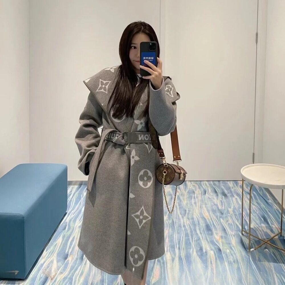 Louis Vuitton Belted Double Sided Hooded Wrap Coat Gray 1A92VF