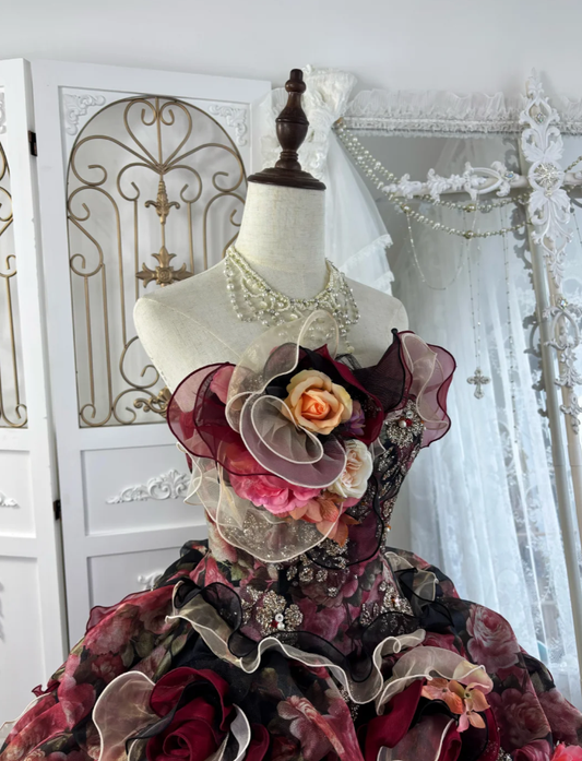 Vintage Strapless Ball Gown Chiffon Rose Floral Ruffle Princess Quinceanera Dress SP1771