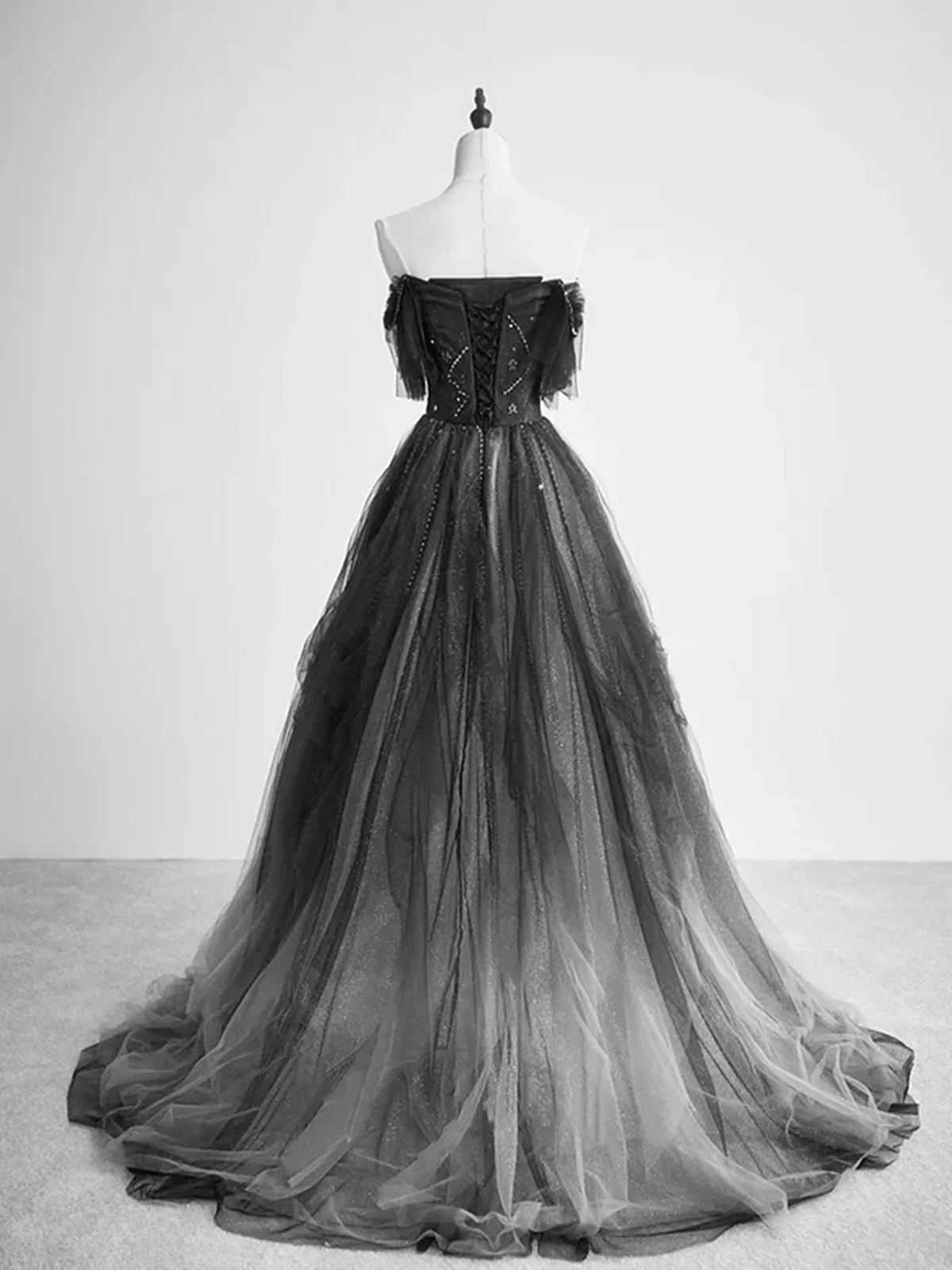 Vintage Black Tulle Off-Shoulder Party Dress Beaded Long Evening Dress A-Line Ruffled Prom Dress TP1174