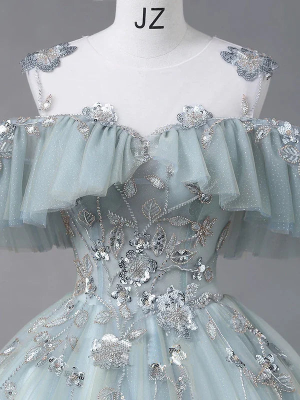 Glam Blue Tulle Sequins Lace Round Neckline Long Wedding Dress TP1175