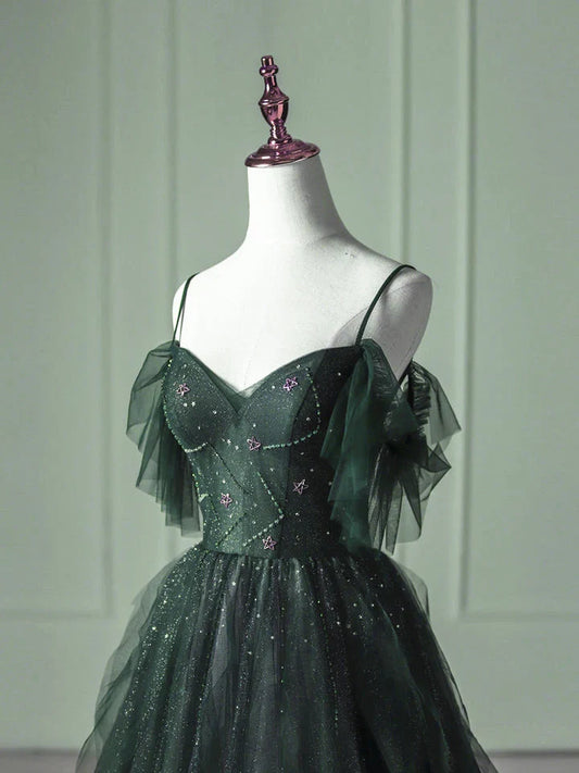 Green Gradient Tulle A-line Long Formal Dress, Green Beaded Straps Party Dress Prom Dress TP1189