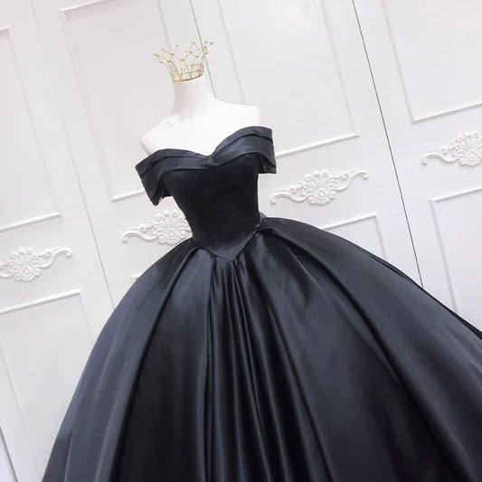 Black Satin Ball Gown Sweetheart Long Formal Dress, Black Sweet 16 Dress TP1198