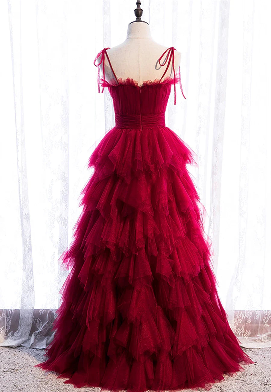 A-Line Long Spaghetti Strap Prom Dresses, Cute Layers Tulle Evening Dresses TP1343