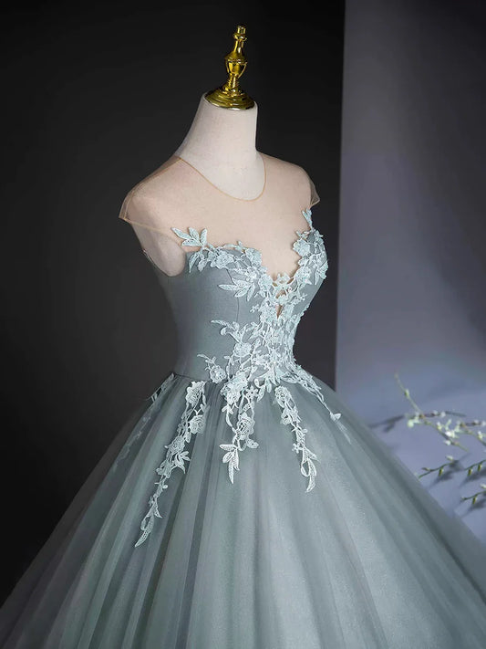 A-Line Scoop Neckline Tulle Floor Length Formal Dress with Lace, Elegant Evening Party Dress TP1352