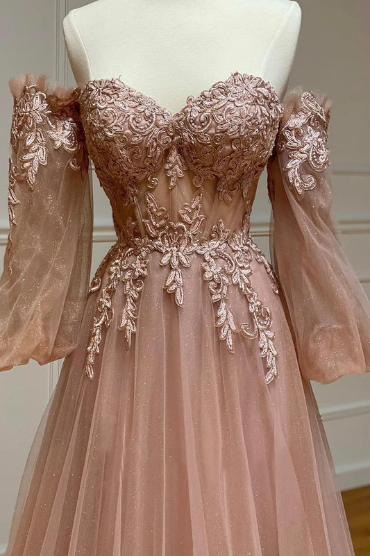 A-Line Tulle Lace Long Prom Dresses, Off the Shoulder Lace Formal Dresses TP1360
