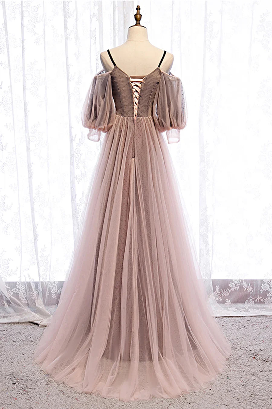 Chic Dusty Pink Off-the-Shoulder Tulle Puff Sleeves Floral Beaded Evening Dresses TP1362