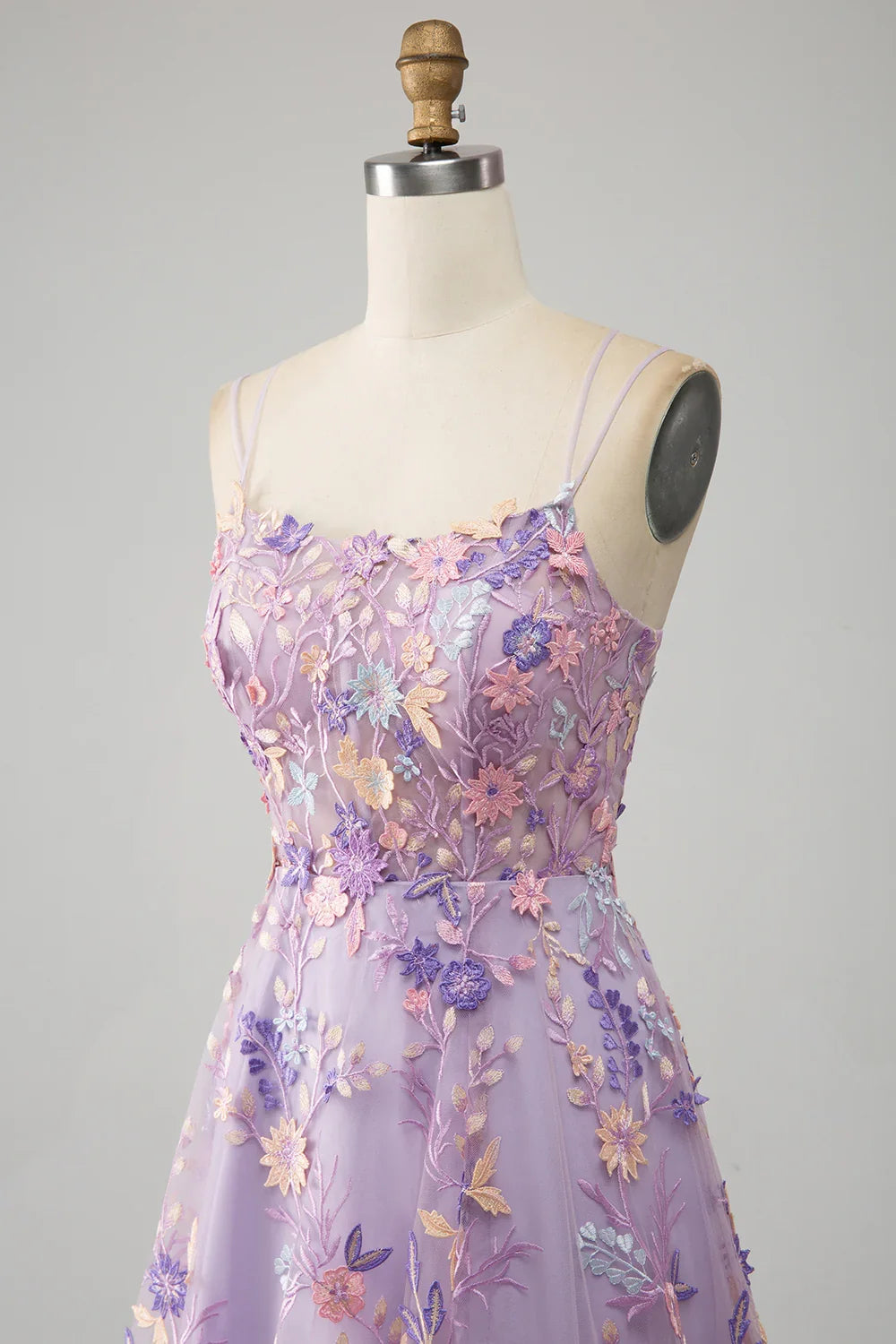 Light Purple A-Line Spaghetti Straps Long Prom Dress with Appliques TP1396
