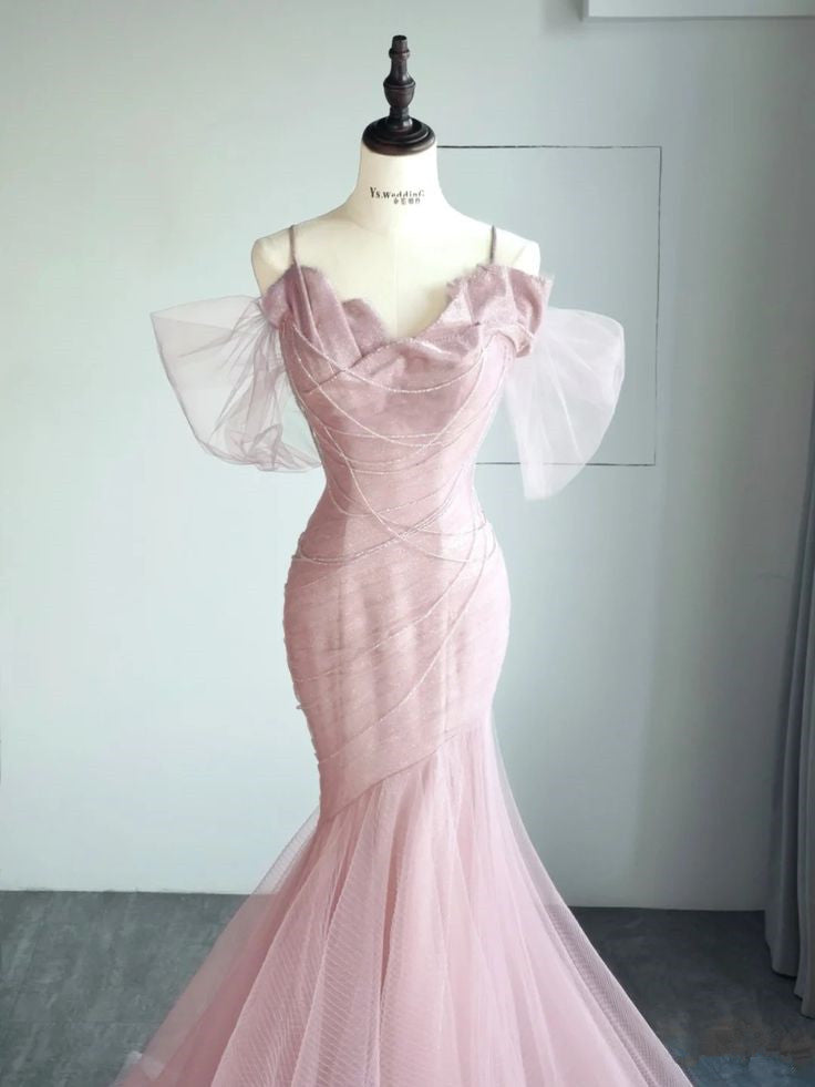 Elegant Pink Mermaid Sequin Ruched Bodice Tulle Ruffled Spaghetti Strap Prom Gown TP1400