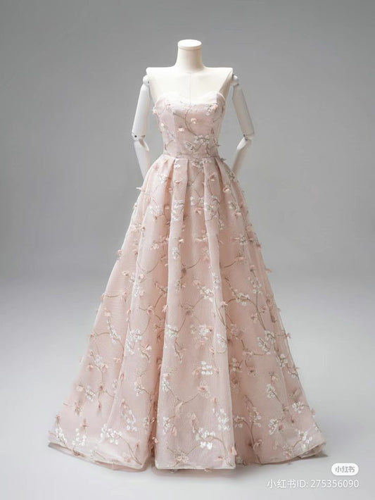 Pink A-Line Heart Neck Strapless Tulle Embroidered Evening Gowns TP1412