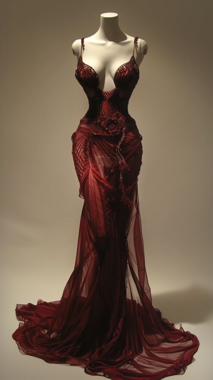 Burgundy Low Cut Spaghetti Straps Mermaid Lace Long Evening Gowns TP1455