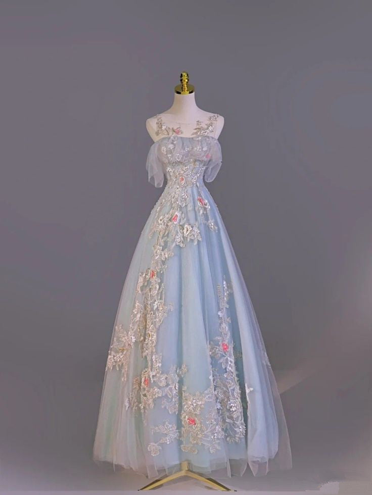 Light Blue A-line Round Neck Tulle Lace Long Evening Dresses TP1457