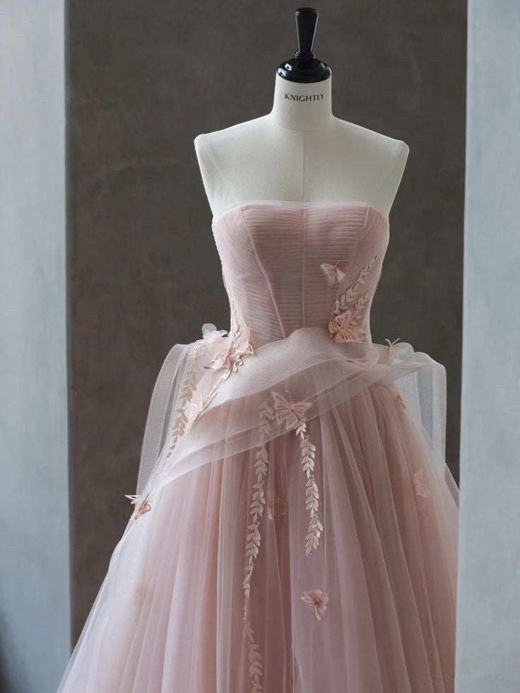 Pink A-Line Strapless Butterfly Tulle Long Evening Dresses TP1488