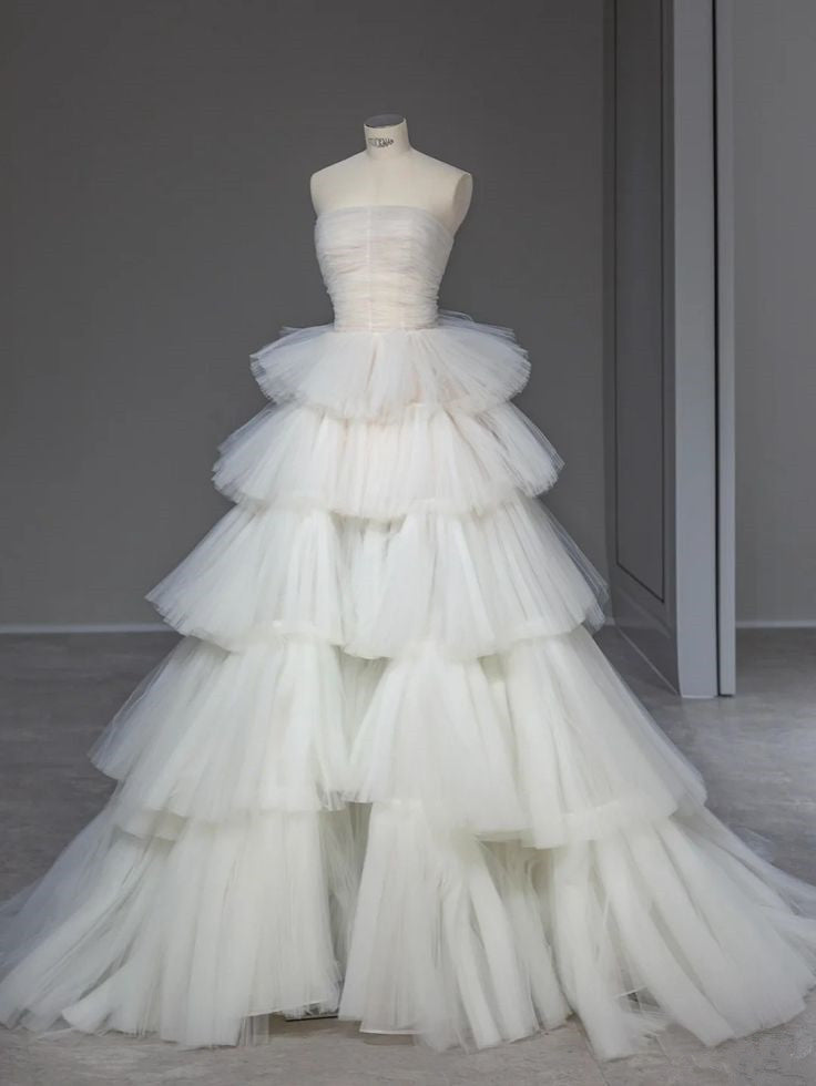 White A-Line Simple Strapless Layered Tulle Long Evening Dresses TP1500
