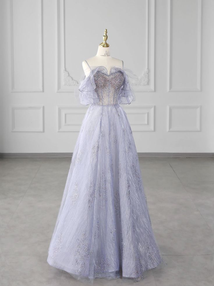 Light Purple A-line Strapless Spaghetti Strap Tulle Long Evening Dresses TP1527