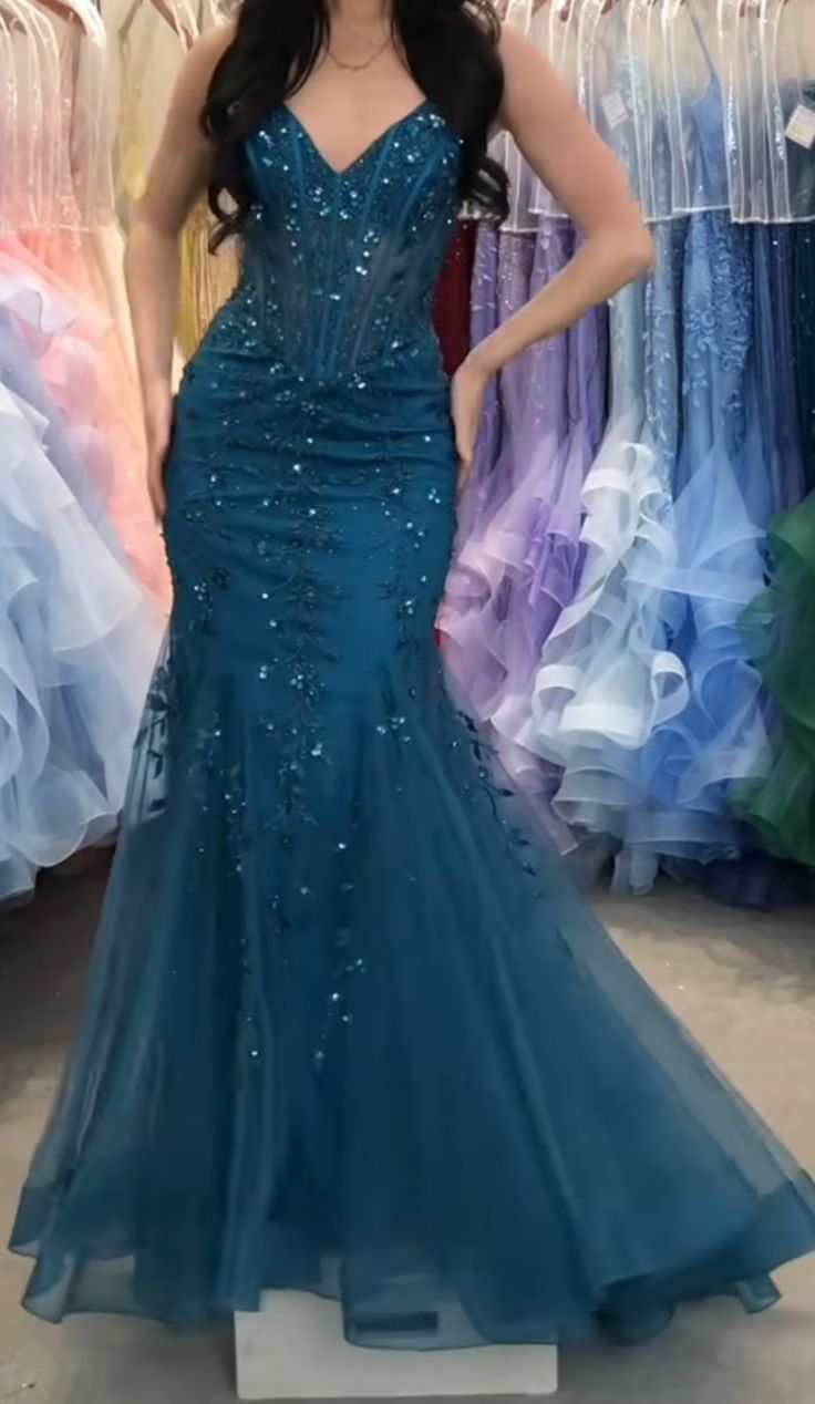 Sequined Blue Mermaid Spaghetti Strap Tulle Long Prom Dresses TP1709