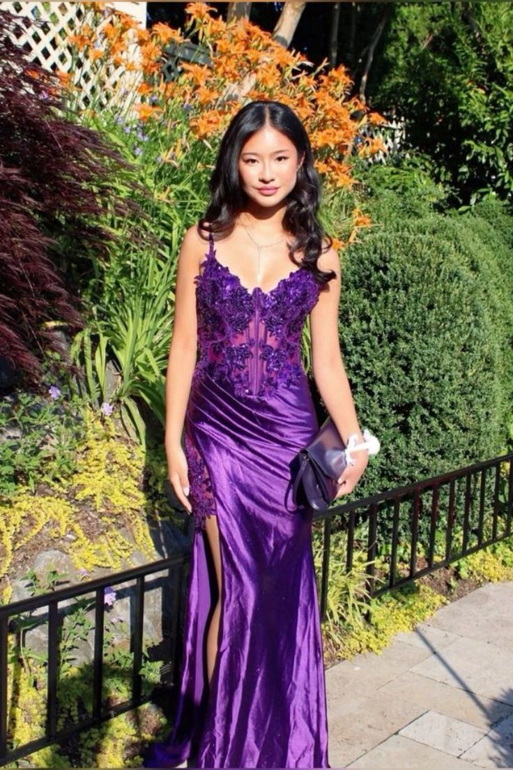 Purple Lace Sexy High Split Spaghetti Strap Satin Long Prom Dresses TP1711