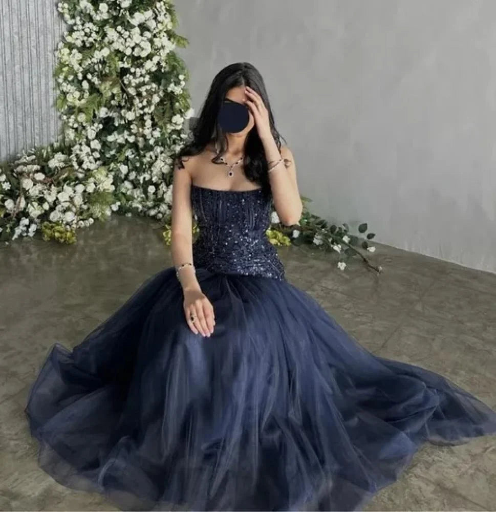 Elegant A-line Strapless Sequined Tulle Formal Prom Gown Evening Dress TP2001