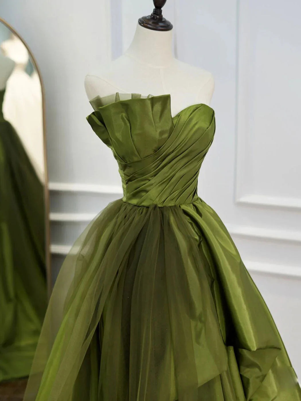 Green Satin and Tulle Long Formal Dress Party Dress, Green Ruffle Tiered Prom Dresses TP2145