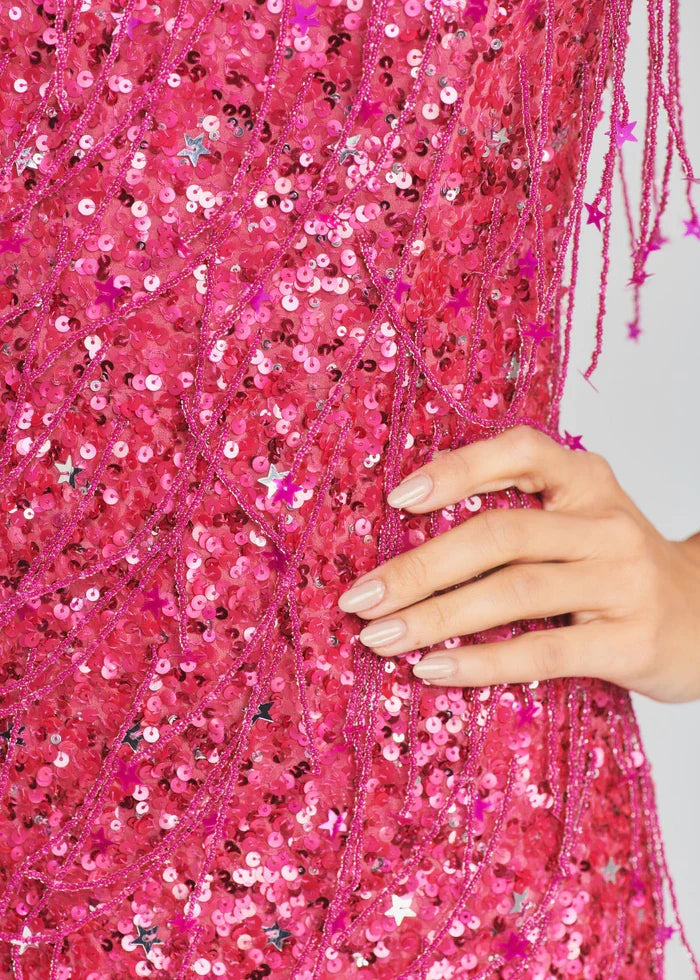 Gorgeous Pink Off Shoulder Sleeveless Sequined Mini Prom Gown Party Dress TP2450